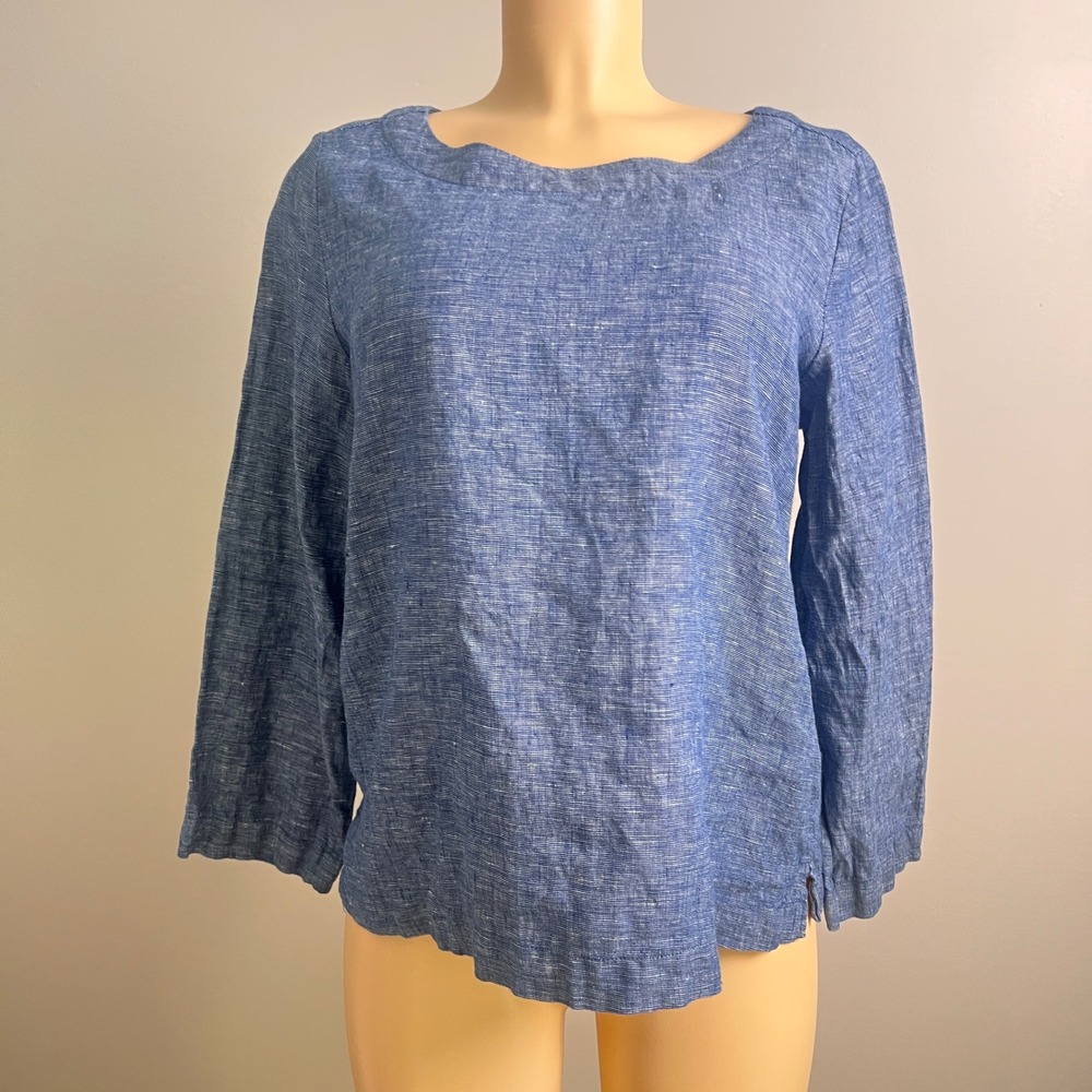 Sigrid Olsen Linen Blouse Top Medium 3/4 Sleeve Boat Neck Blue Coastal Grandma - Picture 10 of 11